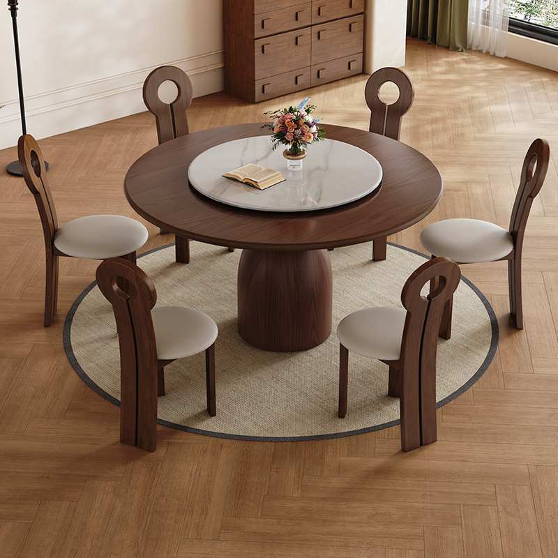 实木圆餐桌中古风旋转简约家用圆型饭桌白蜡木色岩板圆桌多功能