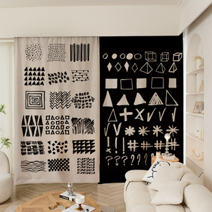 手绘涂鸦简约线条定制粗麻长帘个性卧室客厅挂钩遮光打孔窗帘布