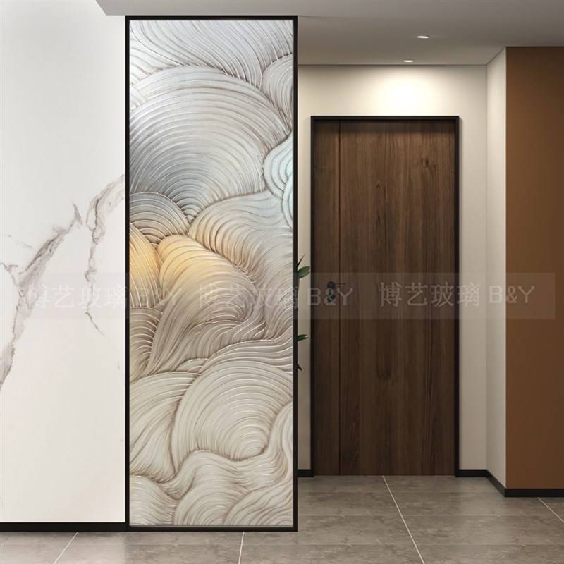玄关艺术玻璃隔断浮雕手工雕刻客厅入户卫生间钢化透光抽象现代风