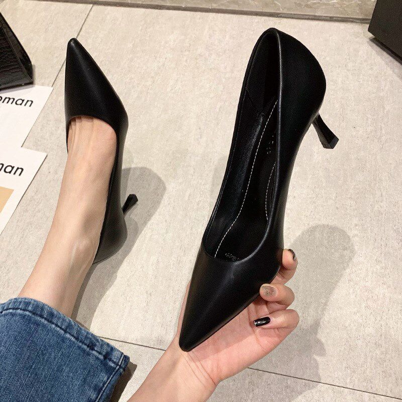 6603软皮工作鞋女黑色2024年夏季职业不磨脚细跟尖头单鞋5CM7CM