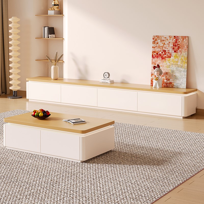 现代简约原木奶油风电视机柜茶几组合法式圆角客厅落地家用小户型