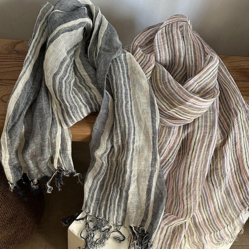 披肩围脖秋冬款手工流苏亚麻条纹日系女士男士小款围巾