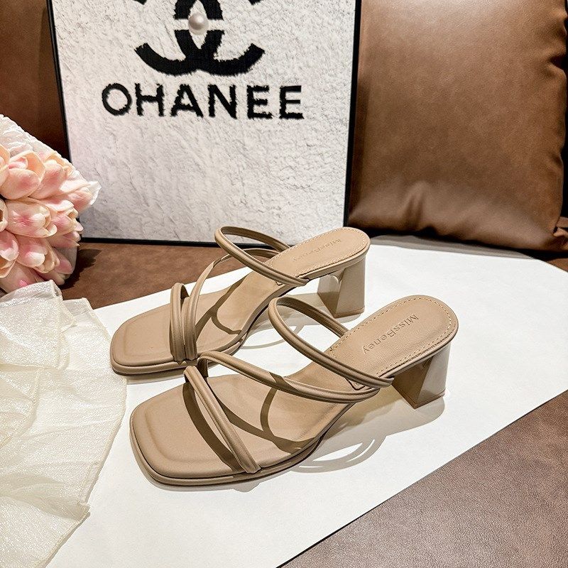 法式粗跟凉拖一字拖粗跟高跟凉拖外出黑色夏季拖鞋女外穿中跟5cm