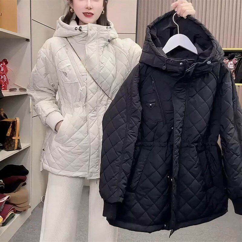 2024秋e冬香风新品时尚宽松连帽压格收腰连帽显瘦轻薄棉服棉衣女