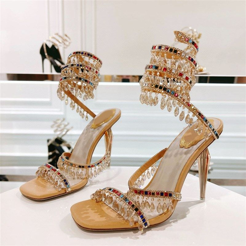 新款法式仙女彩色流苏水晶鞋蛇形缠绕水钻高跟鞋网红细跟凉鞋女鞋,女鞋,时装凉鞋,淘宝优惠券,粉丝福利购,淘宝优惠卷