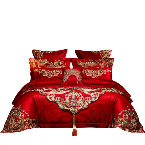 高端婚庆四件套大红长绒棉刺绣龙凤结婚嫁房床上用品六十件套全棉