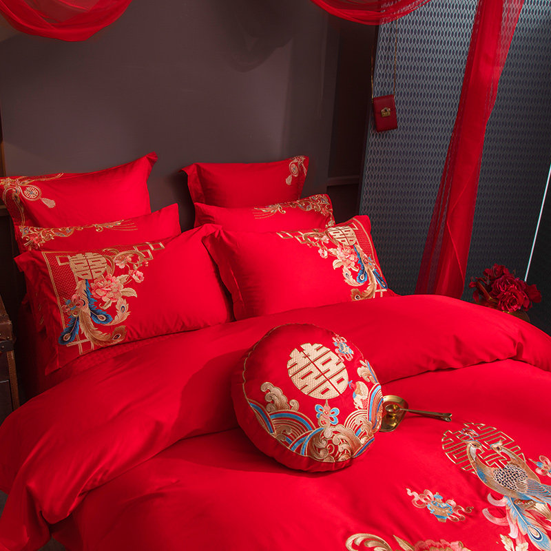 大红色纯棉小抱枕带芯精致刺绣结婚床品子孙枕婚庆配件圆形可拆洗