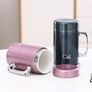 陶瓷内胆保温杯不锈钢外壳真空保温杯带把手柄商务办公茶杯礼品杯