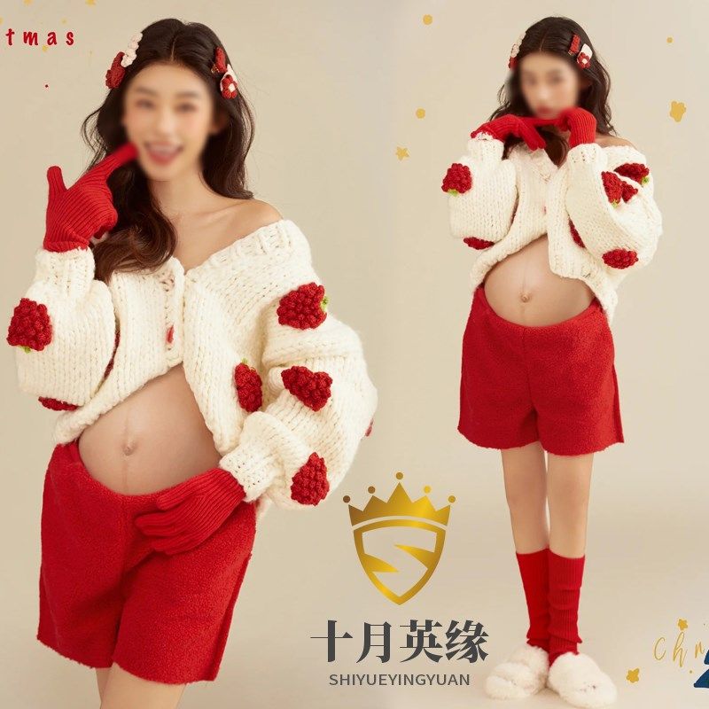 新款影楼孕妇拍照服装圣诞节主题新年红色K毛衣情侣套装摄影居家