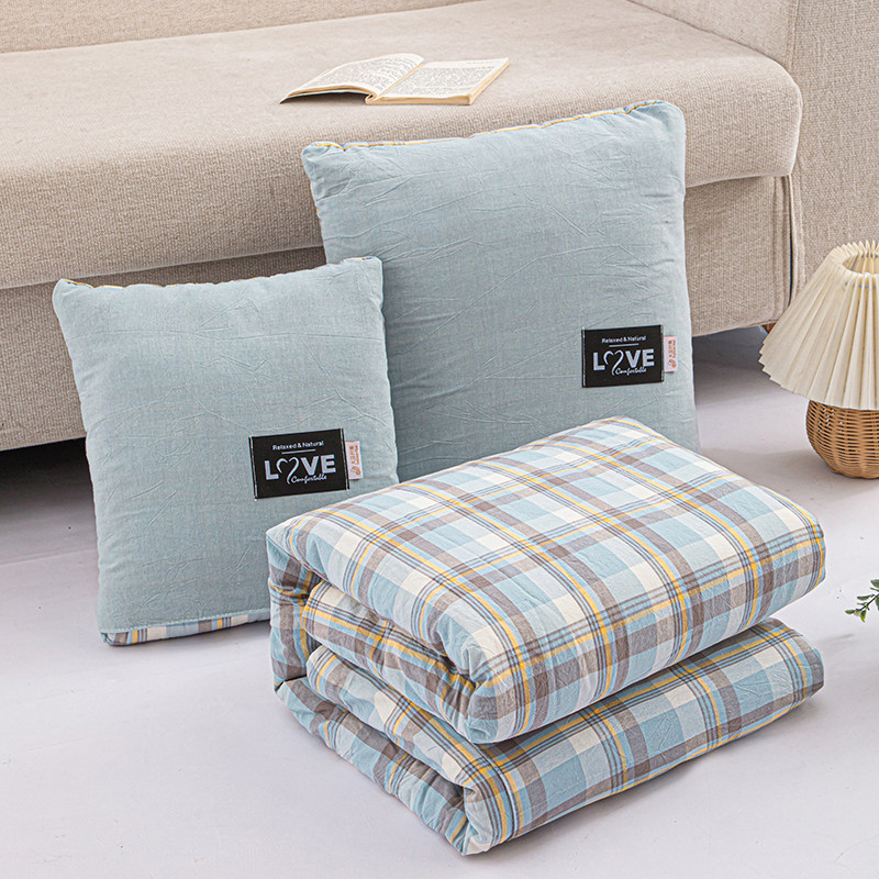 全棉抱枕被子两用清新咖色夏季薄款空调小棉被午睡沙发汽车纯棉格