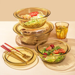 高硼硅玻璃碗耐高温带盖家用微波炉专用带把手茶色烘焙双耳沙拉碗
