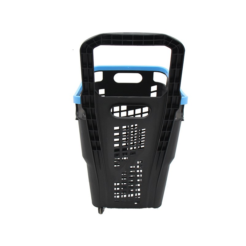 新款超市购物篮塑料篮 带轮拉杆购物篮高背塑料篮