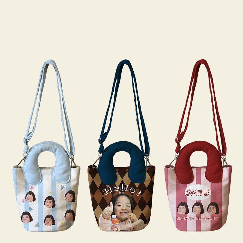 帆布袋订制斜挎手提女水桶包diy宝宝头像定制帆布包印萌娃宠物
