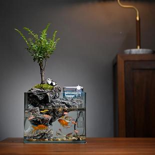 厅绿植小叶紫檀盆鱼缸造景山与水景流水摆件过循环水客办公室桌面