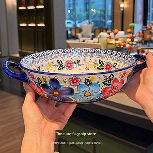 匠「心万缕」盛夏H1582大汤盘饭 手彩绘波兰彩釉下双耳汤碗汤盆焗