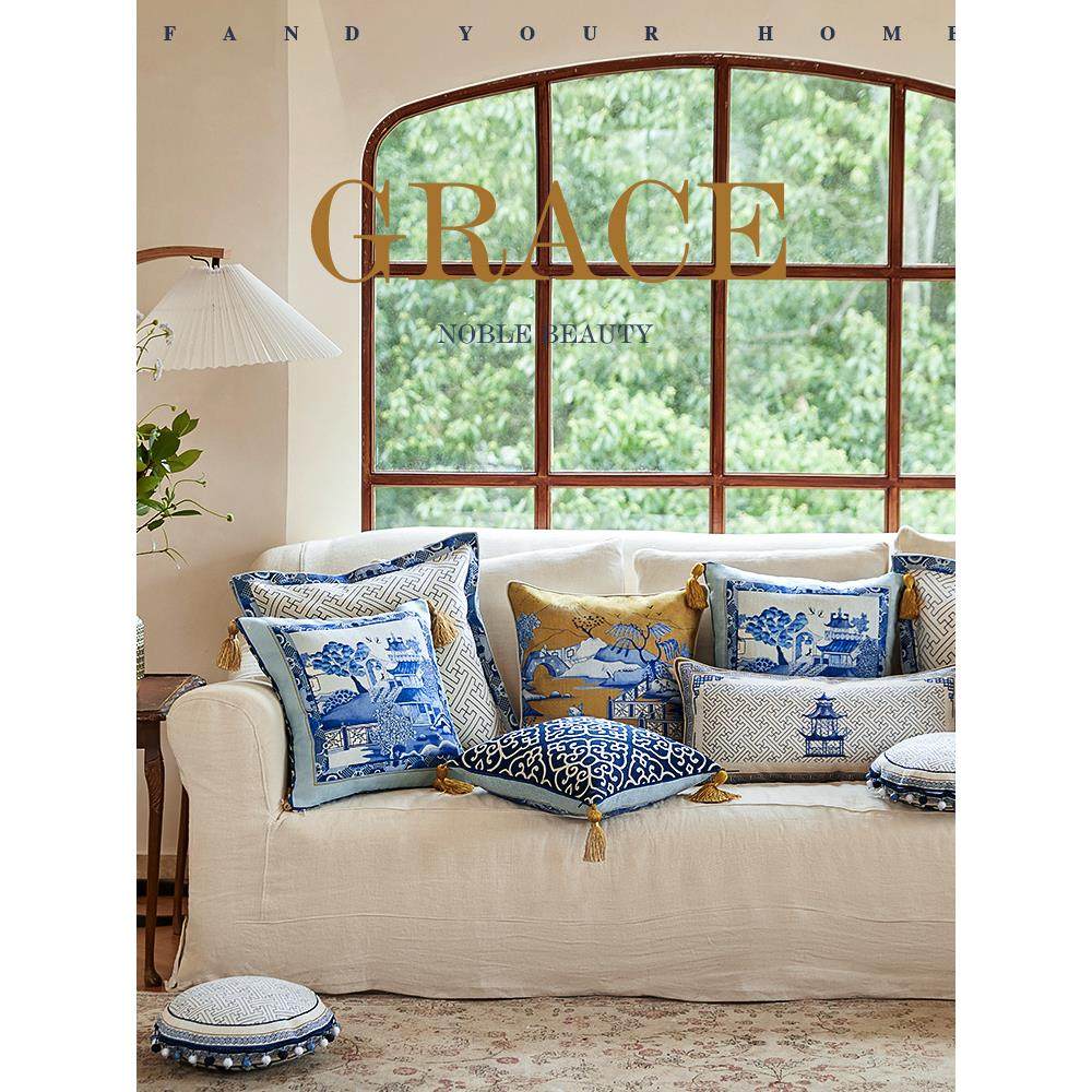 水墨BZ-YYJN花抱枕高级感新中|式|沙发厅氛围感靠垫青腰客枕午睡