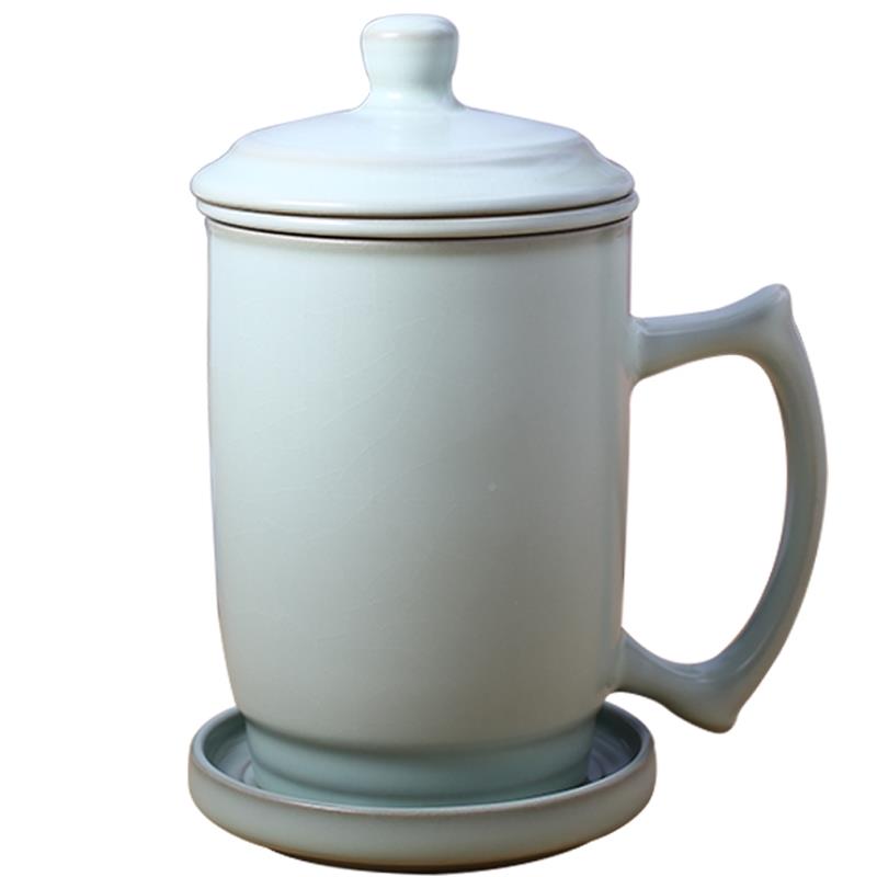 汝窑茶杯500ML带盖过滤个人杯大办容量公室陶瓷件杯子泡茶四套家