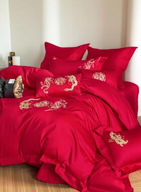 龙凤祥传统中婚庆四件呈式套全棉刺绣红色结PMM婚被床单床上用套