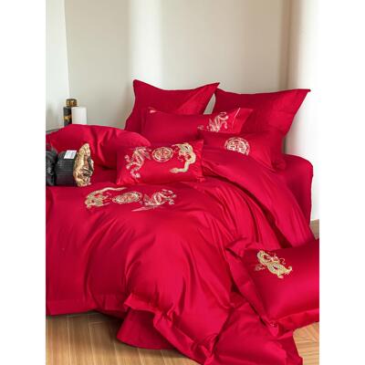 龙凤祥传统中婚庆四件呈式套全棉刺绣红色结PMM婚被床单床上用套