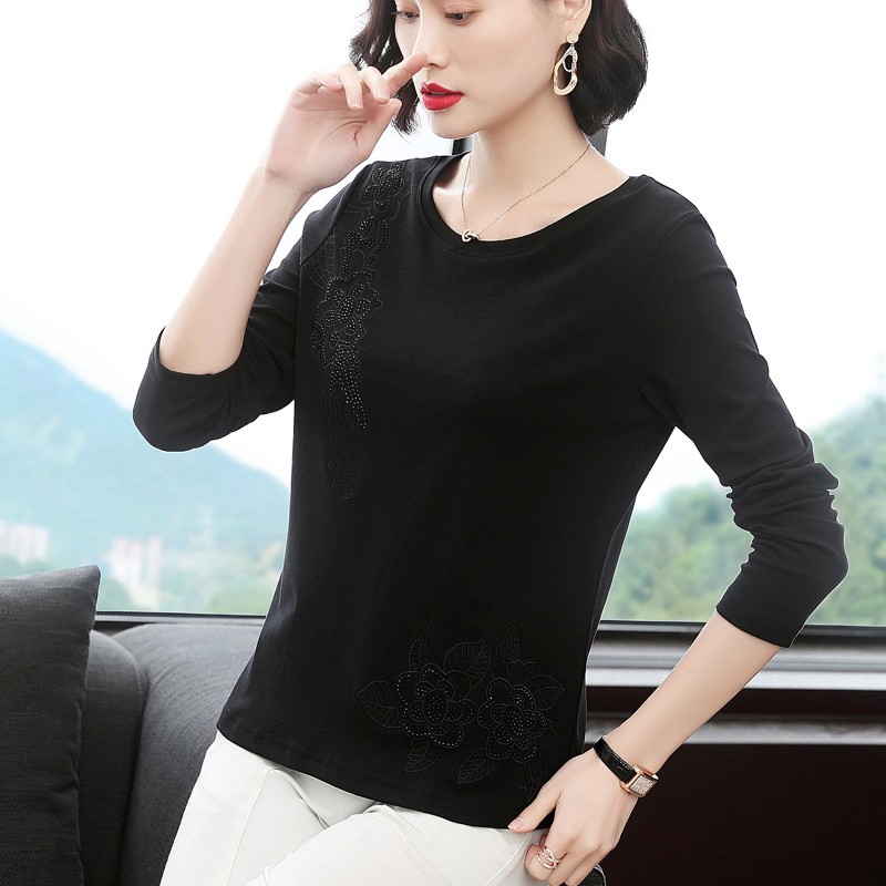 纯棉长袖t恤女洋气上衣中老年秋衣妈妈装2021秋冬新款宽松打底衫