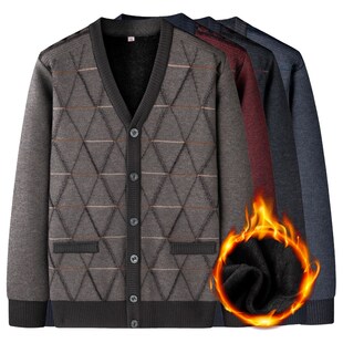 中老年保暖毛衣秋冬爸爸装加绒加厚外套老人针织开衫70岁男士上衣