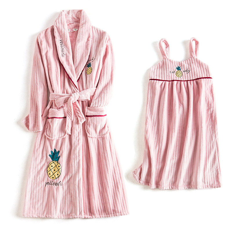 睡衣女秋冬季珊瑚绒性感长款睡裙睡袍两件套甜美法兰绒加厚家居服