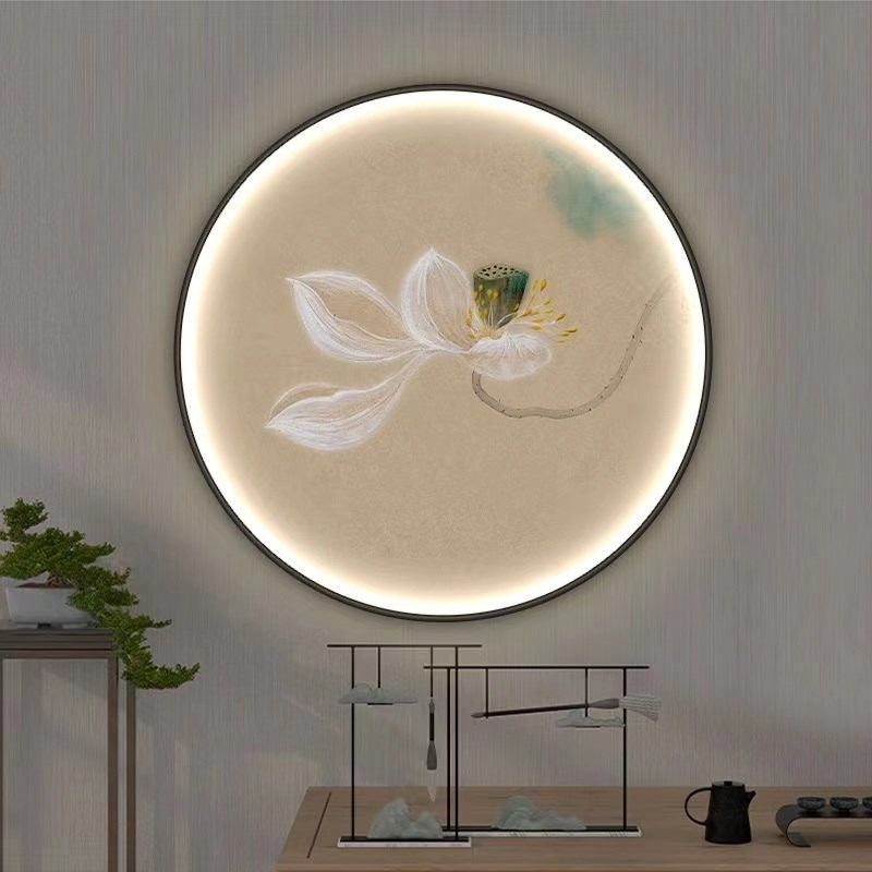 新中式荷花圆形装饰画轻奢玄关书房E禅意灯画茶室水墨意境莲花壁图片