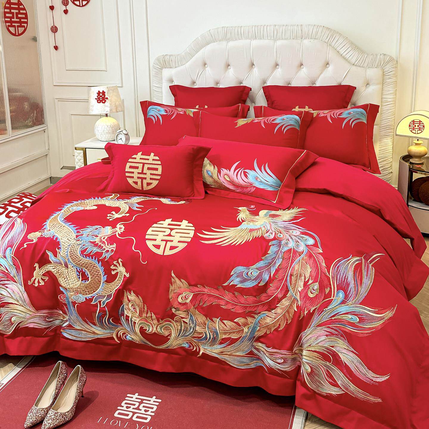 高档龙凤刺绣婚庆四件套大红色喜庆结婚嫁被套新婚房床上用品喜被