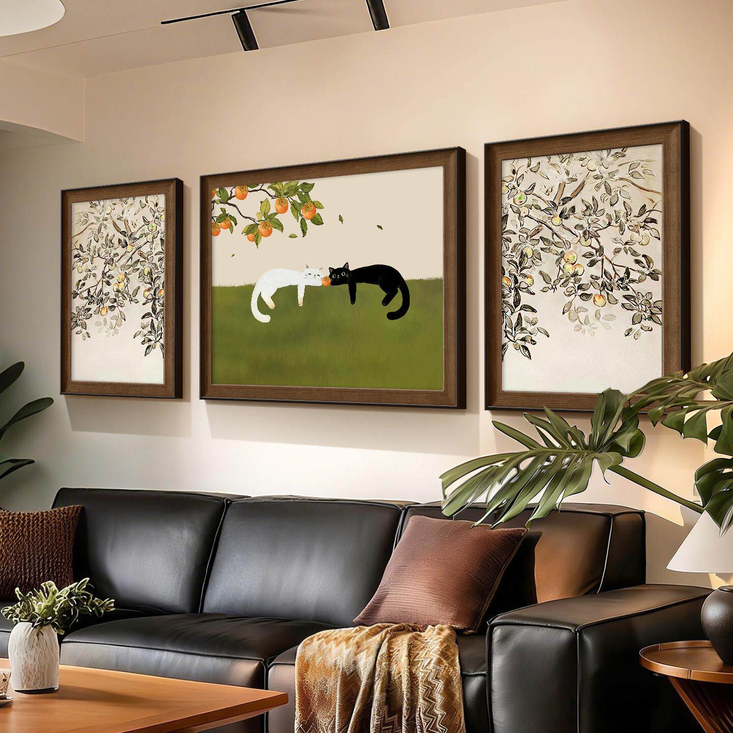 中古风客厅装饰画法式复古沙发背景墙挂画高级感猫咪三联壁画