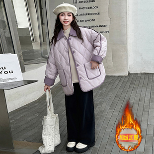 女童秋冬夹棉外套2024新款女大童冬装加厚一体绒棉服儿童轻薄棉衣