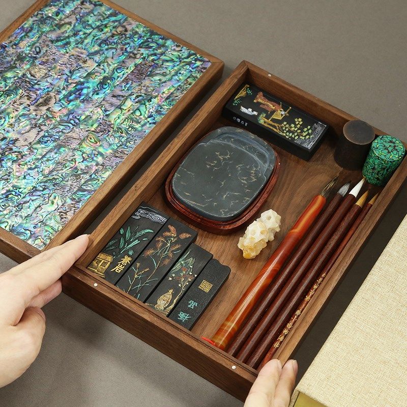 赋比兴 国家非遗 黑胡桃木镶嵌螺钿文盒 毛笔墨块文房四宝收纳盒,文具电教/文化用品/商务用品,文房四宝,淘宝优惠券,粉丝福利购,淘宝优惠卷