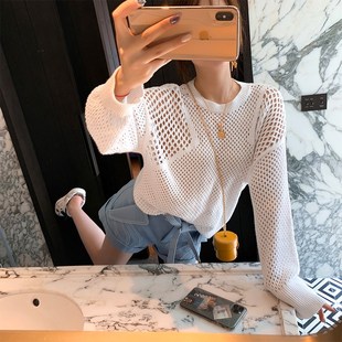 早秋新款长袖上衣白色镂空钩花针织衫女薄款宽松外穿套头毛衣春季