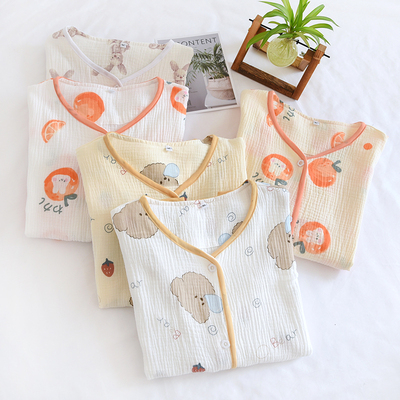 睡衣女单件上衣春秋纯棉纱布双层绉布家居服薄款夏季无领长袖上装