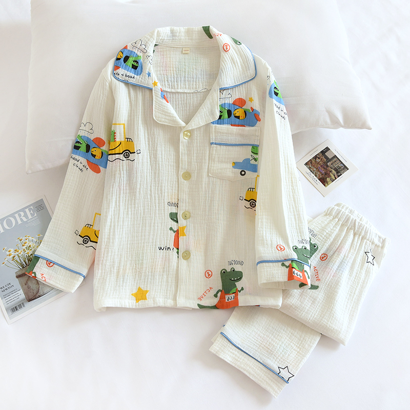 儿童春夏薄款翻领纯棉纱布泡泡棉纱男童恐龙全棉睡衣套防蚊家居服