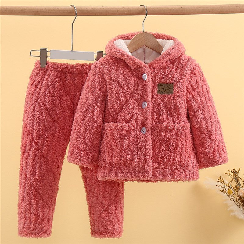 冬季女童睡衣夹棉加厚法兰绒保暖珊瑚绒男童女孩特厚装家居服儿童