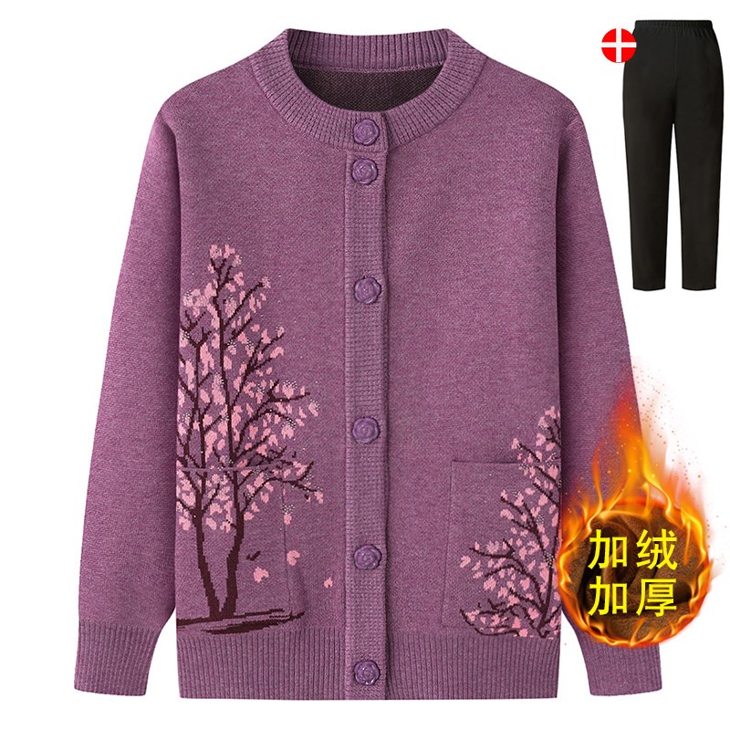 中老年人奶奶毛衣春装外套妈妈装加绒针织开衫老太太春秋老人衣服