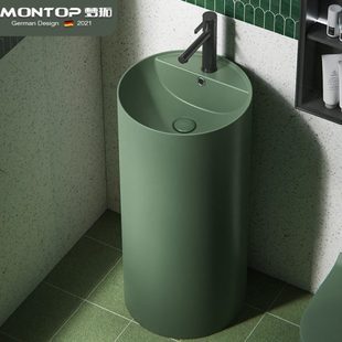 洗手盆池洗脸 绿色圆形陶瓷立柱盆一体落地洗手盆民宿酒店家用立式
