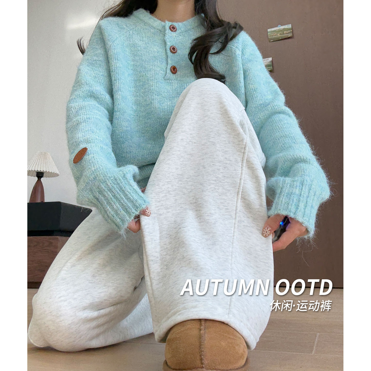 白灰色高腰加绒阔腿裤女秋冬季