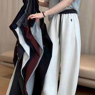小马刺绣高腰阔腿裤子女秋冬加绒加厚保暖宽松显瘦休闲直筒运动裤