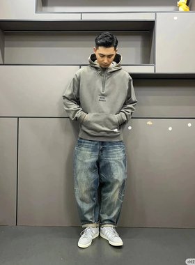 MADNESS 日产重工猫须磨白水洗做旧磨破宽松直筒牛仔裤余文乐同款