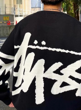 MAD LAB S家美式正反面满身大LOGO字母图案提花针织圆领毛衣长袖