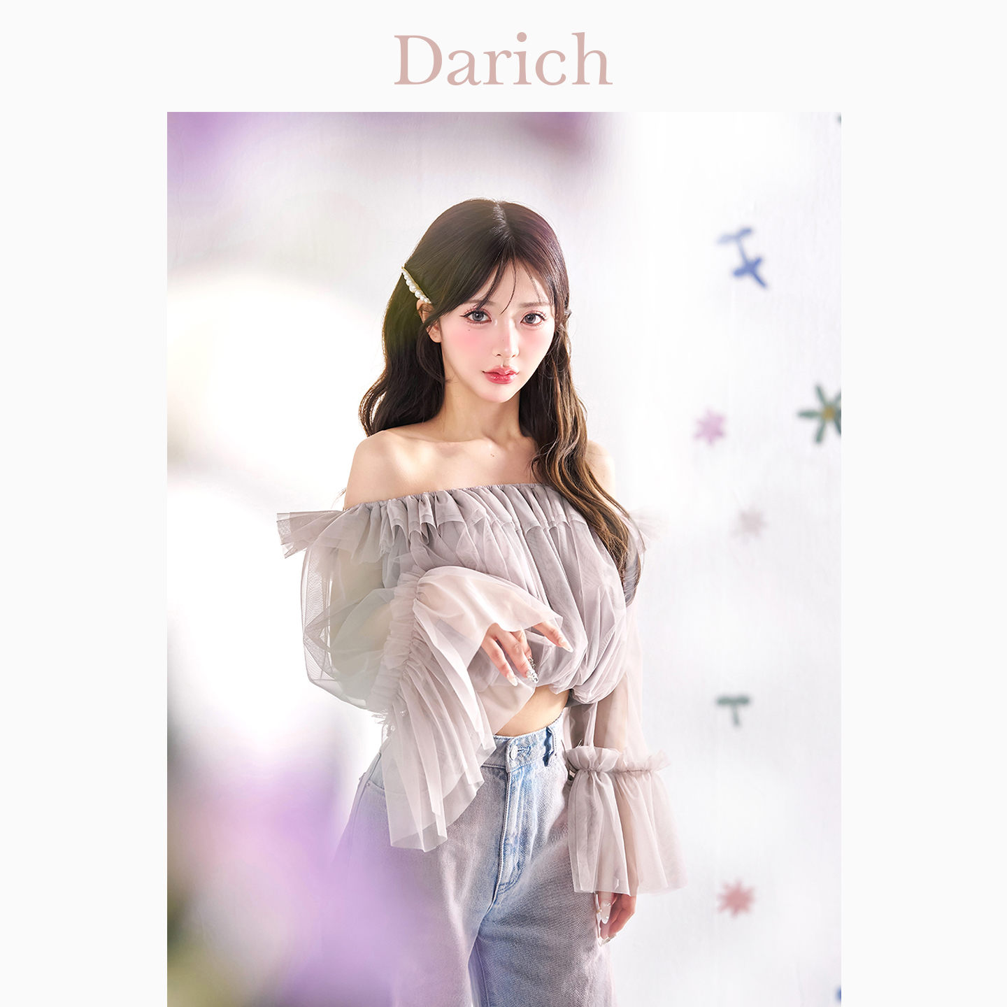 Darich蓬蓬一字领露肩网纱上衣女
