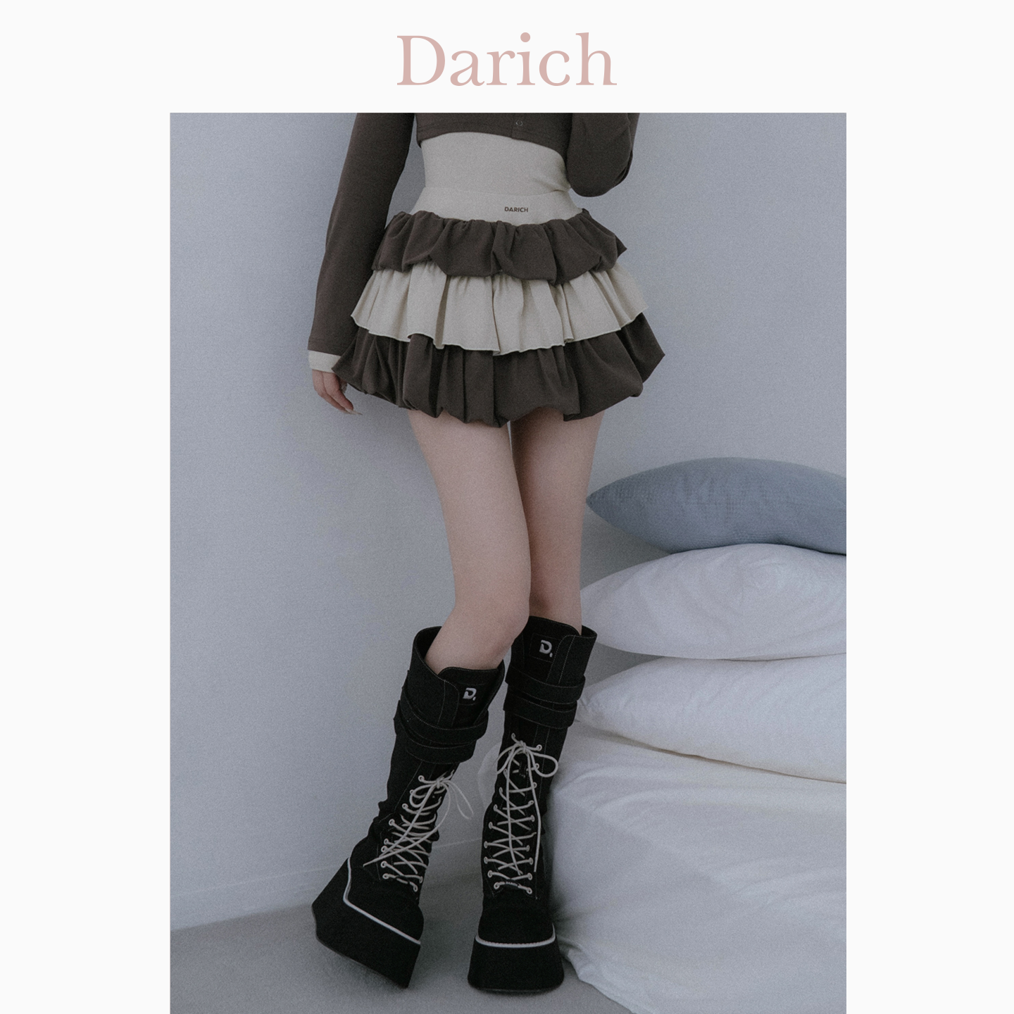 Darich秋冬款荷叶边拼色百搭松紧弹力高腰蓬蓬裙短裙25新款