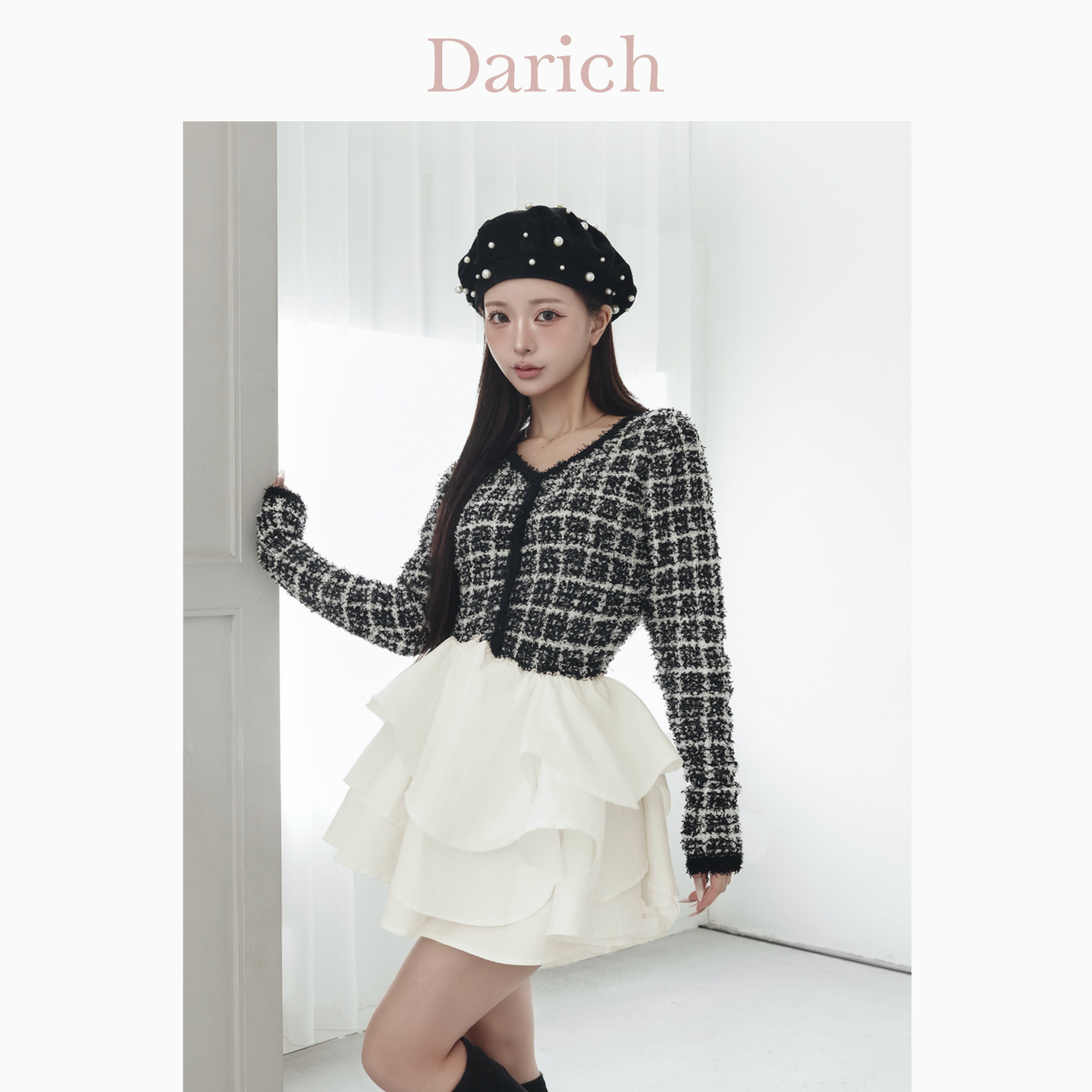 Darich粗花呢荷叶边蓬蓬裙连衣裙