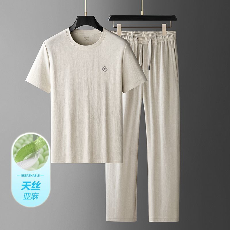 天丝+棉+亚麻 混纺面料 强强联合!2025年时尚休闲运动套装男两件