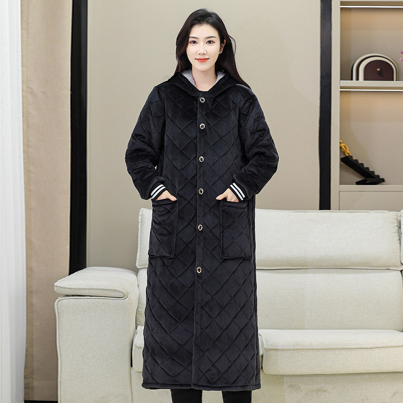冬季保暖睡袍棉衣加长过膝休闲三层加绒加厚工作服情侣外套家居服