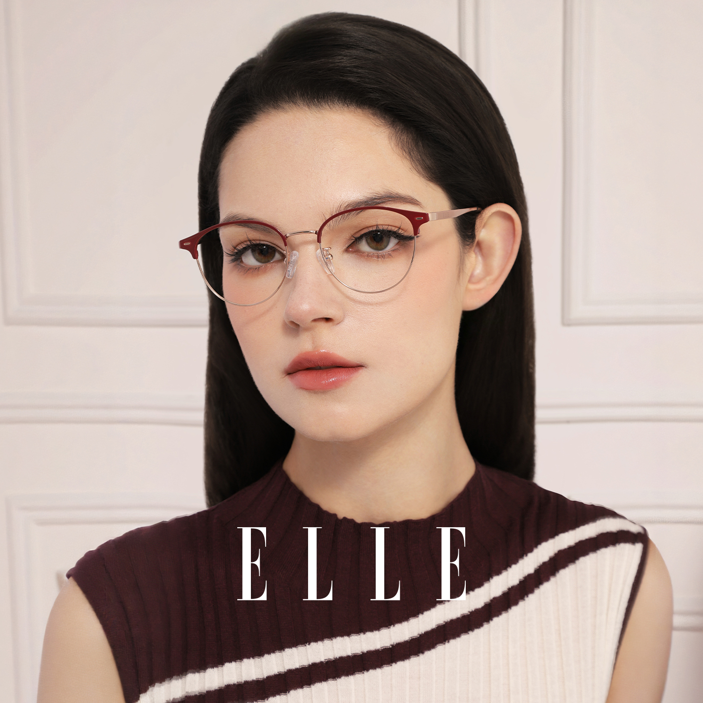 ELLE高级感眉框眼镜女酒红色
