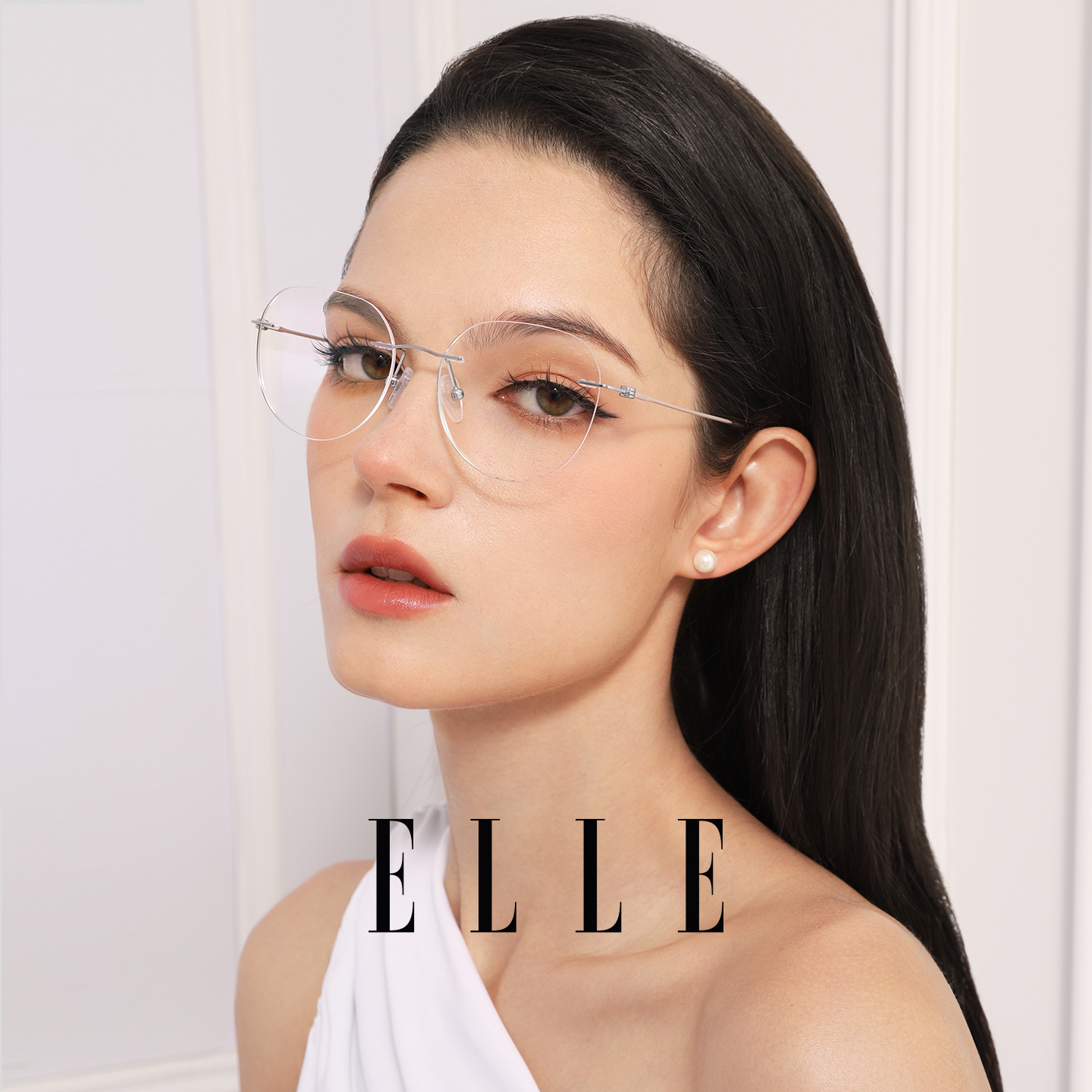 ELLE钛合金超轻无边框女眼镜框近视女度数可配蔡司镜片防蓝光1006
