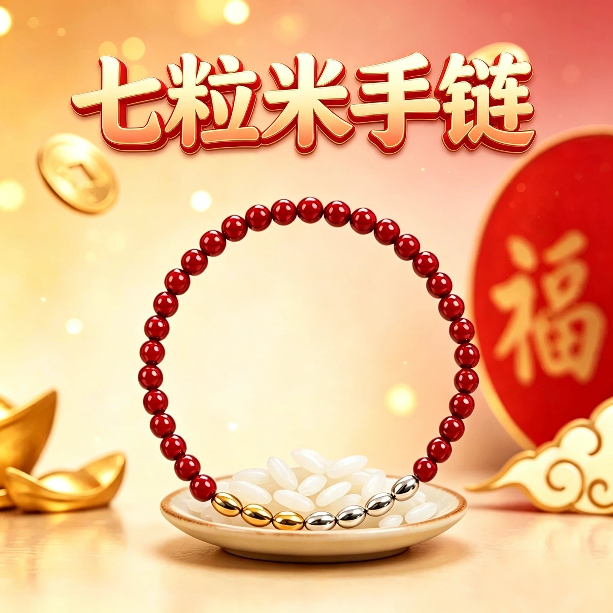七粒米朱砂手串国潮风素珠红砂手链旺财运百搭款串珠新中式红色