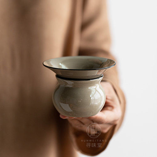 民窑雕花茶漏复古茶滤磁州窑青灰釉陶瓷家用功夫茶具茶叶过滤器